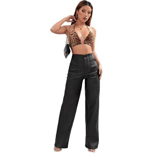 Size S Viligo Faux Leather Pants High Waist Coated PU Button Straight Leather Black Leggings Wide Leg Pants with Pockets
