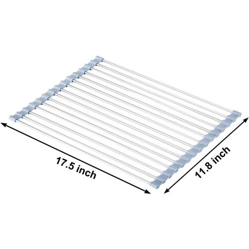 MECHEER Over The Sink Dish Drying Rack, Roll Up Dish Drying Rack Kitchen Dish Rack Stainless Steel Sink Drying Rack, Foldable Dish Drainer, 17.5''x11.8''