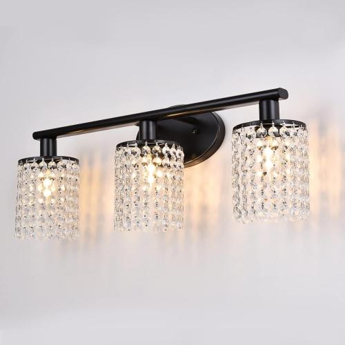 Black Bathroom Light Fixtures, 3-Light Crystal Vanity Lights Over Mirror, Modern Black Vanity Light