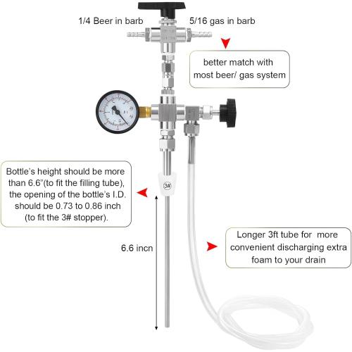 Counter Pressure Bottle Filler Stainless Steel Bottle Filler Counter Pressure Beer Bottling Wand 60psi CO2 Gauge 1/4 & 5/16 Barb Homebrew Beer Bottle Filler Hand Held Bottle Filler 3ft Hose
