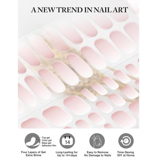 EBANKU Semi Cured Gel Nail Strips, 52PCS Pink Ombre Toe Nail Wraps & Gel Nail Stickers, UV Light Required, Long Lasting Gel Nail Wraps- Includes Nail File & Nail Stick