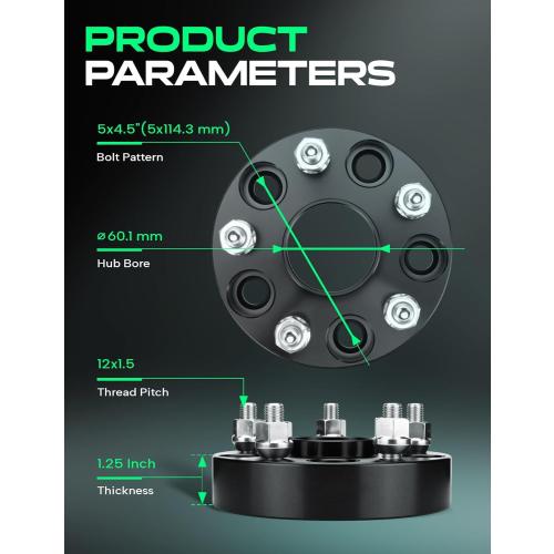 YHTAUTO 5x4.5 Hub Centric Wheel Spacers 1.25 Inch Fits Toyota, Lexus & Scion Models, Camry, RAV4, Avalon, tC xB, RX ES Series, 5x114.3mm 5 Lug Tire Spacers w/ 12x1.5 Studs 60.1 mm Hub Bore, 2 PCS Blac