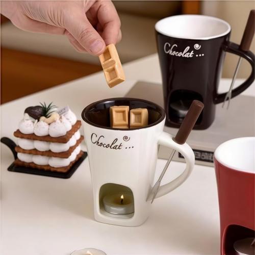 Chocolate Melting Cup,Chocolate Fondue Cup,Ceramic Sweet Fondue Mug With Fork For Cheese And Candy (White)