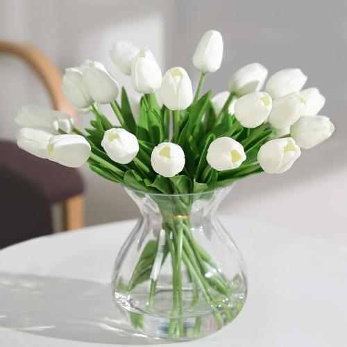 Tulips Artificial Flowers 20 Pcs White Fake Tulip Stems Real Touch PU Tulips for Easter Spring Wedding Bouquet Home Centerpiece Floral Arrangement Table Décor
