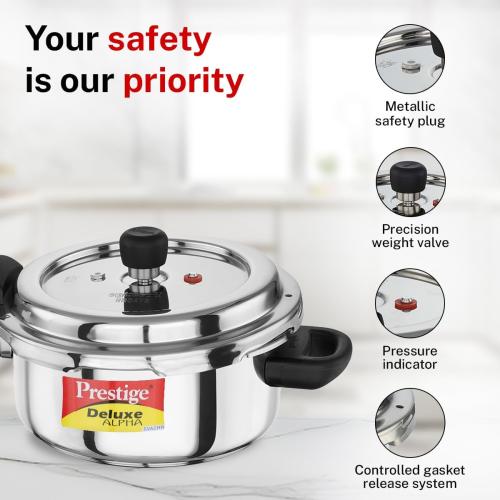 Prestige Deluxe Alpha Svachh Stainless Steel Pressure Cooker with Alpha Base and Deep Lid for Spillage Control, (3 Liter)