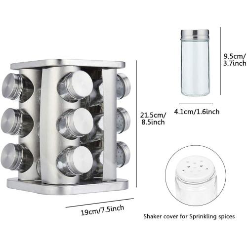 Rotating Spice Rack Organizer with 12 Jars - Revolving Standing Seasoning Tower with 12 Glass Bottles for Countertop Kitchen Cabinet, Stainless Steel, Silver