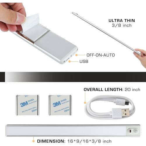White EverBrite 70LED Dimmer Under Cabinet Lighting, Hand Wave Control & Motion Sensor, Magnetic Under Counter Lighting, Ultra Thin LED Light Bar for Closet, Cabinet and Hallway, 300 Lumen, 6000K