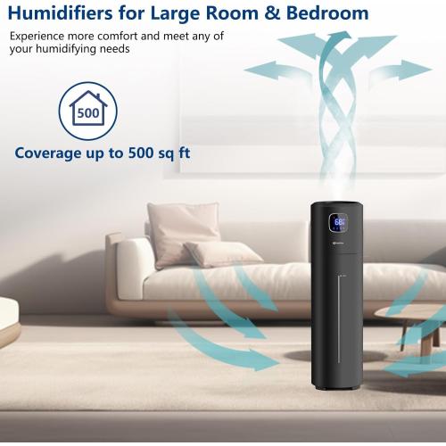 Large Humidifiers for Bedroom, 9L/2.5Gal Ultrasonic Cool Mist, Top Fill Easy Clean with 350ML/H Mist Speed, Quiet, Suitable for Kids Room Plant Yoga Office Study Room Living (Black, Round)