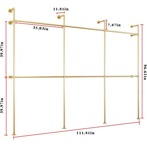 Industrial Pipe Clothing Rack, Heavy Duty Metal Clothes Rack with Double Rods for Hanging Clothes, Wall Mount Space-Saving Garment Display Rack (Three, Gold)