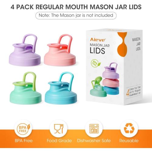 AIEVE Mason Jar Pour Spout Lid, 4 Pack Regular Mouth Mason Jar Lids with Flip Top,Reusable and Leak-Proof Plastic Canning Pitcher Lids tor Milk, Coffee, Juice, Lemonade,Colorful(Jars not Included)