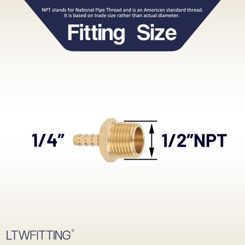LTWFITTING Brass Barb Fitting Coupler/Connector 1/4-Inch Hose ID x 1/2-Inch Male NPT FuelVehicle Fuel System Heater System (Pack of 5)
