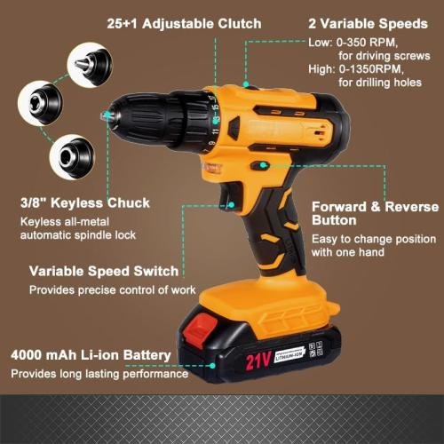 Black and Grey 21V Cordless Drill with 25 1 Torque, 30N.m, 3/8'' Keyless Chuck, LED Light, Battery and Charger(Gray)