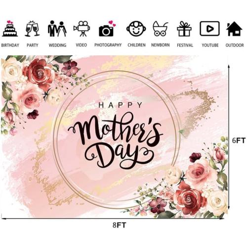 8x6ft Happy Mother's Day Photography Backdrop Mothers Day Gold and Pink Flowers Backdrop Mom's Day Photo Backdrop Mother's Day Party Decoratios Studio Props 176