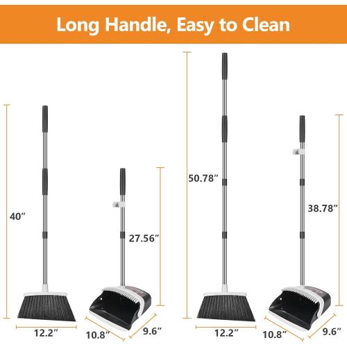 Broom and Dustpan Set, Heavy Duty Dust Pan with Long Handle 51 Inch Broom with Dustpan Combo Set Upright Self-Cleaning Dust Pan Home Kitchen Lobby Indoor Outdoor Sweeping Cleaning Tool - Gray***