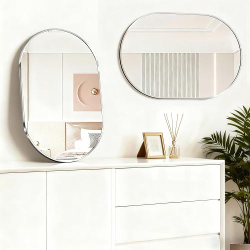 Oval Bathroom Mirror Capsule Wall Vanity Mirror, 24x36 Pill Mirrors Wall Mounted Mirror, Large Modern Mirror with Silver Metal Frame, Decor for Entryway, Bedroom, Living Room