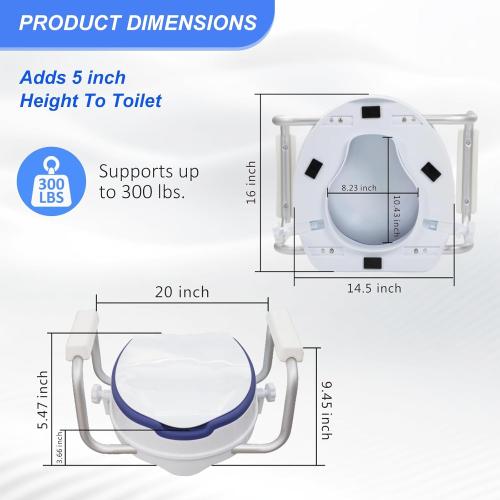 Toilet Seat Risers for Seniors,Adjustable Anti-Silp Handles & Thickened Cushion, Options for Elderly Handicap Medical Hip Replacement Surgery Lift,300 lbs, Easy Clean,Blue