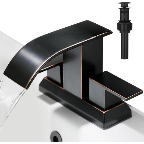 Hoimpro 3 Holes 4 Inch Bathroom Faucet, Waterfall Oil Rubbed Bronze Bathroom Faucet Two Handles Centerset Bathroom Sink Faucet Vanity Sink Faucet with cUPC Supply Hoses and Pop Up Drain