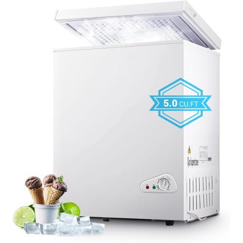 Chest Freezer, Deep Freezer 5 Cubic Feet with Removable Baskets & 6 Adjustable Temperature & Top Open Door, White Mini Deep Freezer Compact Freezer Suitable for Apartments(Down to -18°F)