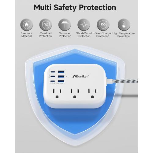 6 USB(3 USB C) Power Strip- Travel Power Strip with 6 USB Desktop Charging Station 24W/4.8A and 3 Outlets, 5Ft Flat Plug Braided Extension Cord, Non Surge Protector for Cruise Ship Travel Office Dorm