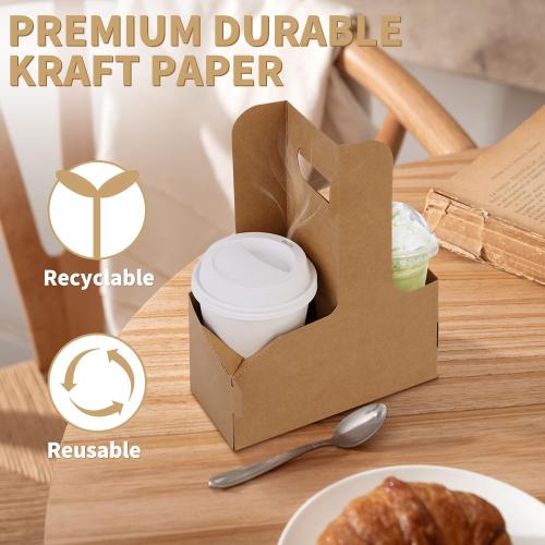 Bodaon 2 Cup Drink Carrier with Handle, 10 Pcs Cardboard Cup Holders, Disposable Drink Carriers for Delivery, Kraft Paper Coffee Cup Holder to Go, Take Out Cup Carriers for Hot/Cold Drinks