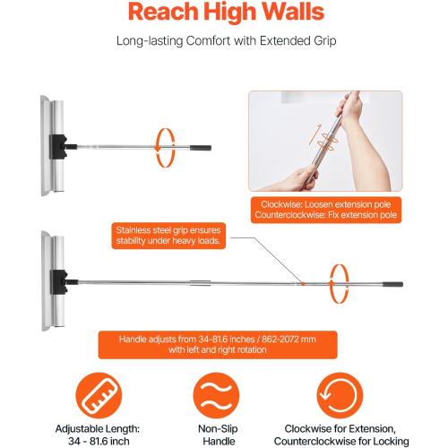 VEVOR Drywall Skimming Blade Set (10/16/24/32/40 inch) with 34-81.6 inch Extension Handle, Professional Stainless Steel Knife for Gyprock, WallBoard, and Plasterboard Skim Coating