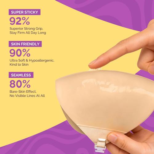 Invisible Sticky Bra Push Up, 2-Pack Adhesive Bra for Backless Dress, Silicone, Exotic Lingerie Accessories (D Cup, Beige, 2PCS)