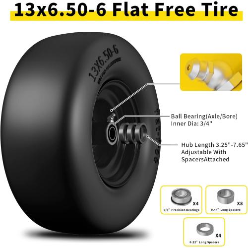 13x6.50-6 Lawn Mower Tires Flat Free, Zero Turn Mower Front Tires for Residential and Commercial, 13x6.5-6 Flat Free Tire and Wheel, 3/4 & 5/8 Bearing, 3.25-7.65 Center Hub, 2Pack Black