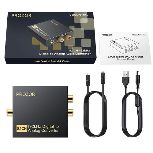 PROZOR 192Khz Digital to Analog Audio Converter Support 5.1CH Optical to RCA Converter with Magnetic Ring Power Cord Digital Toslink SPDIF to Analog L/R RCA 3.5mm Adapter for HDTV Blu-Ray DVD PS3 PS4