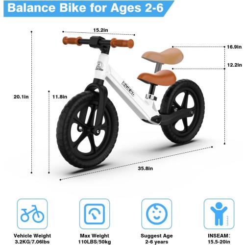 Ridego 12 or 14 Inch Balance Bike for Kids 3-7 Year Old,Lightweight Kids Bike with Adjustable Seat, Push Bicycle with Air Rubber Tires，Ride-on Toys Birthday Gift