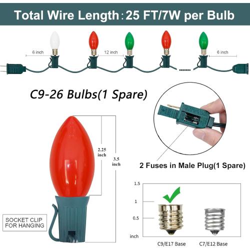 C9 Christmas String Lights,Outdoor Weatherproof Lighting Incandescent Replacement String Lights with 25FT Ceramic Red/Green/White Bulbs for Christmas Lights Commercial Grade-Green Wire