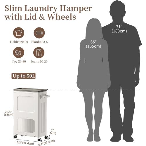 Slim Laundry Hamper with Lid 50L Rolling Basket | For One Person Laundry, Fits Narrow Corners, Behind the Door, with Handle, Lid, Wheels, Stickers for Sorting, 5-Minute Setup