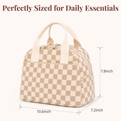 LOVELYWIND Lunch Box for Women, Insulated Lunch Bag,Beige Checkered Tote