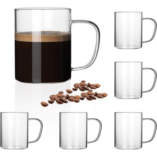 HORLIMER 15 oz Glass Coffee Mugs Set of 6, Clear Coffee Cup with Handle for Tea Cappuccino Latte Milk Juice Hot and Cold Beverages