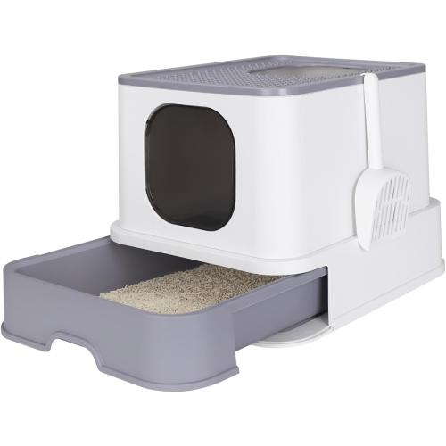 RIZZARI Large Enclosed Cat Litter Box : Covered Leak-Proof Reduces Odor - for Indoor Use Cat Owners (White)