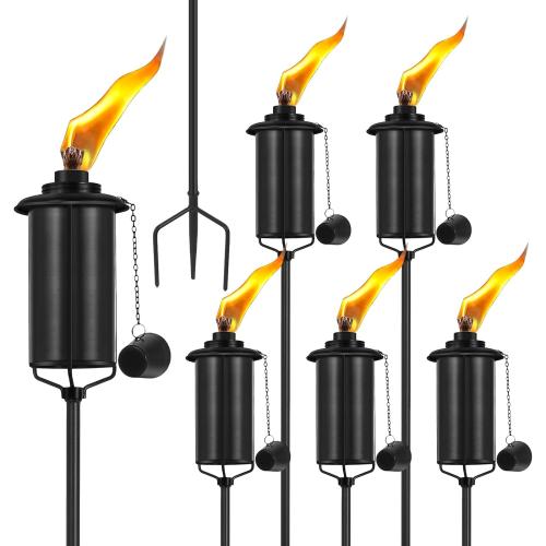 Home Garden Torch Set of 6, 16oz Outdoor Metal Torch Garden Décor, 59-Inch Upgraded Citronella Torches with 3-Prong Grounded Stake, Metal Light Torches for Party Patio Pathway