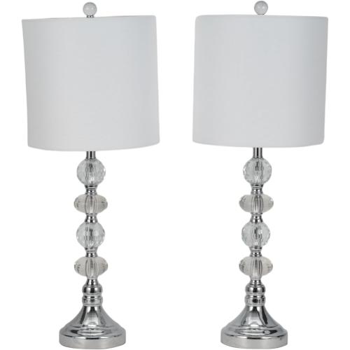 Sagebrook Home Set of 2 Crystal Table Lamps – Silver Metallic Base with White Linen Shade – Modern Glass Accent Lamps for Bedroom, Living Room, Home, Office – 28 Inches
