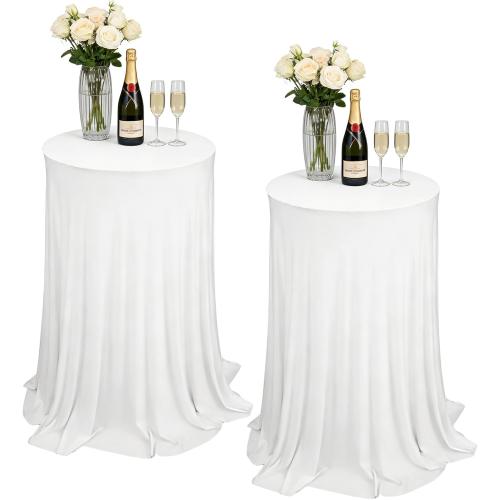 2 Pack Cocktail Table Tablecloth with Skirts 32 x 43Inch Soft Fabric Round High Top Table Cover Stretch Reusable Tablecloth Skirt Cocktail Tablecloths for Wedding Party Banquet Table Bar, White