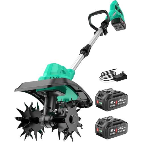 21V Cordless Tiller Cultivator for Gardening, 350 RPM Electric Garden Tiller with 2×3.0Ah Batteries, 9-Inch Tilling Width 7-Inch Depth Lightweight Hand Tiller for Soil Cultivation, Lawn, Composting