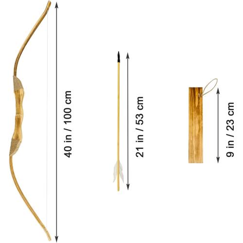 Youth Wooden Bow and Arrow Set, 40 Inch Handmade Wooden Bow and Arrow Cosplay Costume Prop Archery Set Games Toys, 1 Bows 1 Quivers and 3 Feather Arrows, Gifts for Kids Youth Boys and Girl