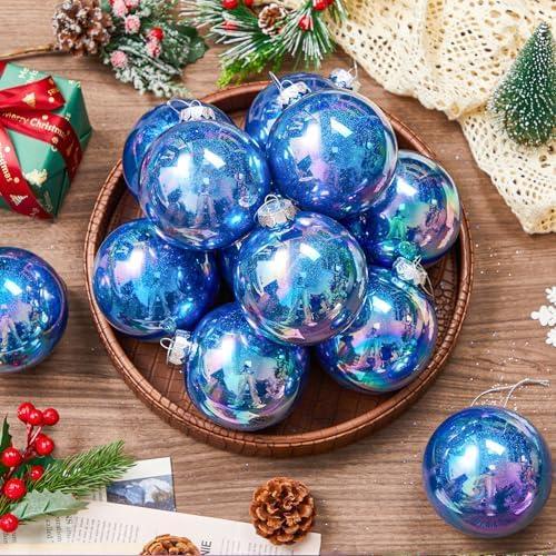 Wettarn 24 Pcs 4 Inch Glittering Christmas Balls Fantasy Plastic Shiny Christmas Iridescent Ornaments Balls for DIY Crafts Hanging with Lid and Rope for Xmas Tree Party Decor(Sapphire)