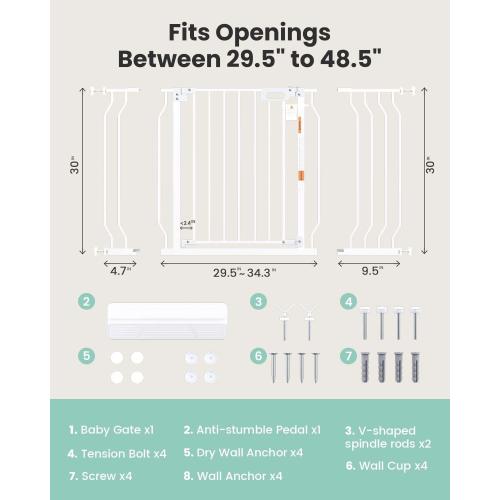 Mom's Choice-GROWNSY Baby Gate for Stairs, 29.5-48.4 Pressure Mounted Baby Gate for Top of Stair&Doorway with V-Shaped Rods, Anti-Trip Pedal, Extra Wide Stairs Dog Gate Easy Install w/Red Reminder