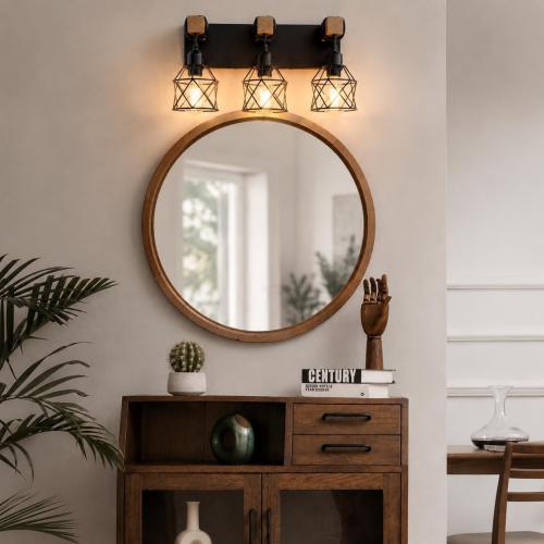 Farmhouse Bathroom Light Fixtures, 3-Light Vanity Lights for Bathroom, Black Wood Bathroom Lighting Over Mirror with Metal Shades, Bulbs Not Included