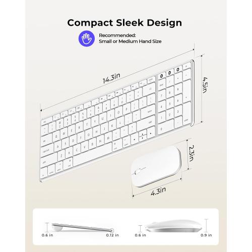 seenda Bluetooth Keyboard and Mouse for Mac, SKM64-2 Multi-Device Rechargeable Slim Wireless Keyboard Mouse Stainless Steel Full Size, Compatible with MacBook Pro/Air, iPad, Mac - White Silver
