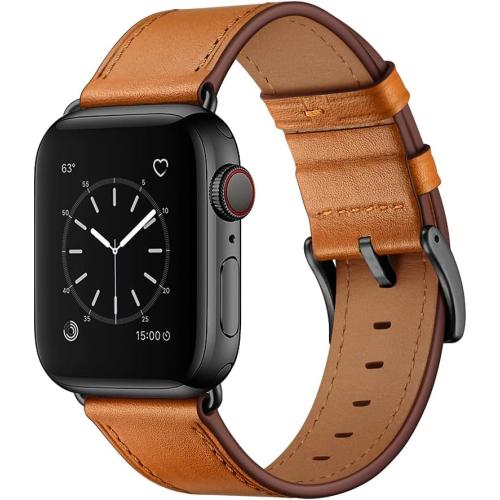 OUHENG Leather Bands Compatible with Apple Watch Band 49mm/46mm/45mm/44mm/42mm, Genuine Leather Replacement Strap for iWatch Series 11/10/9/8/7/6/5/4/3/2/1 & Ultra 3/2/1 & SE3 SE2 SE, Brown/Black
