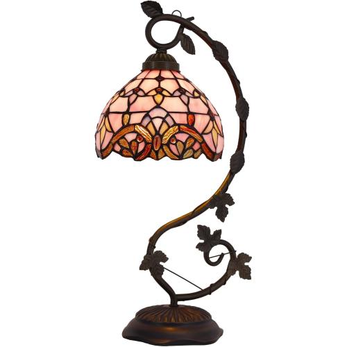 WERFACTORY Tiffany Table Lamp Pink Stained Glass Baroque Style Reading Desk Light, Metal Leaf Base 8X10X21 Inches Decor Small Space Bedside Bedroom Home Office S003P Series