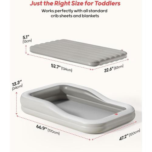 QPAU Inflatable Toddler Travel Bed with 3-Sided Safety Bumpers, Extra Large Kids Air Mattress, Includes Detachable Mattress, Portable for Camping, Travel, Home Use (Grey)