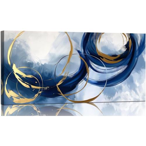 Abstract Wall Art Nave Blue Modern Canvas Pictures Art Print Gold Contemporary Artwork Painting Decor for Living Room Bedroom Home Office Decorations(20x40)