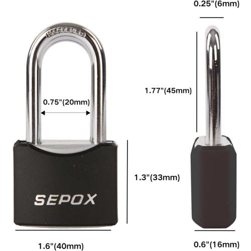 SEPOX® 1-9/16 All-Weather Outdoor Padlocks Keyed Alike, 1-3/4 Long Shackle, Solid Steel Lock, Heavy-Duty with Black Cover, Design for Gate Fence Cabinet Toolbox School Gym Locker with 2pcs Same Key