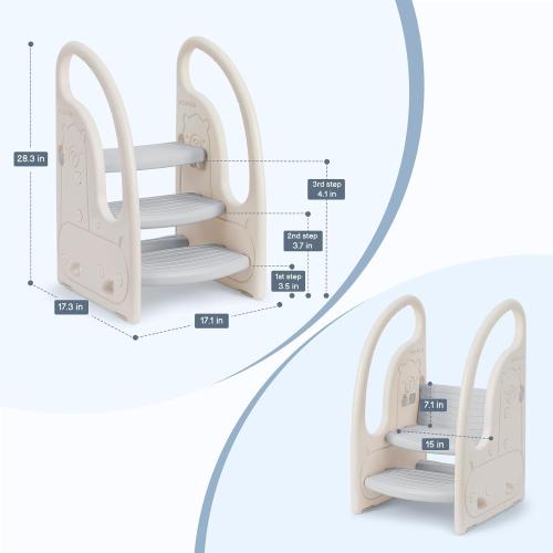 Size 3 step Color Grey Toddler 3 Step Stool Onasti Kids Standing Tower for Toddlers Plastic Learning Helper Stool for Kitchen Counter Bathroom Sink Toilet Potty Training with Handles and Non-Slip Pads-Grey White