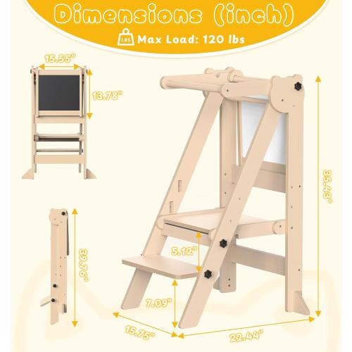 Foldable Toddler Tower, Wooden Toddler Kitchen Stool with 3 Adjustable Heights and Removable White/Blackboard, Montessori Foldable Learning Tower Kitchen Stool, Natural Wood